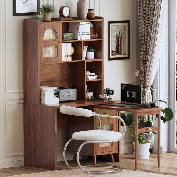 MODERNLUXE Computer Desk with Drawers & Hutch,70" Office Desk with 90 Degree Rotating Desktop,Storage Shelves and Cabinets,Gaming Desk Writing Desk for Home Office Bedroom,Walnut