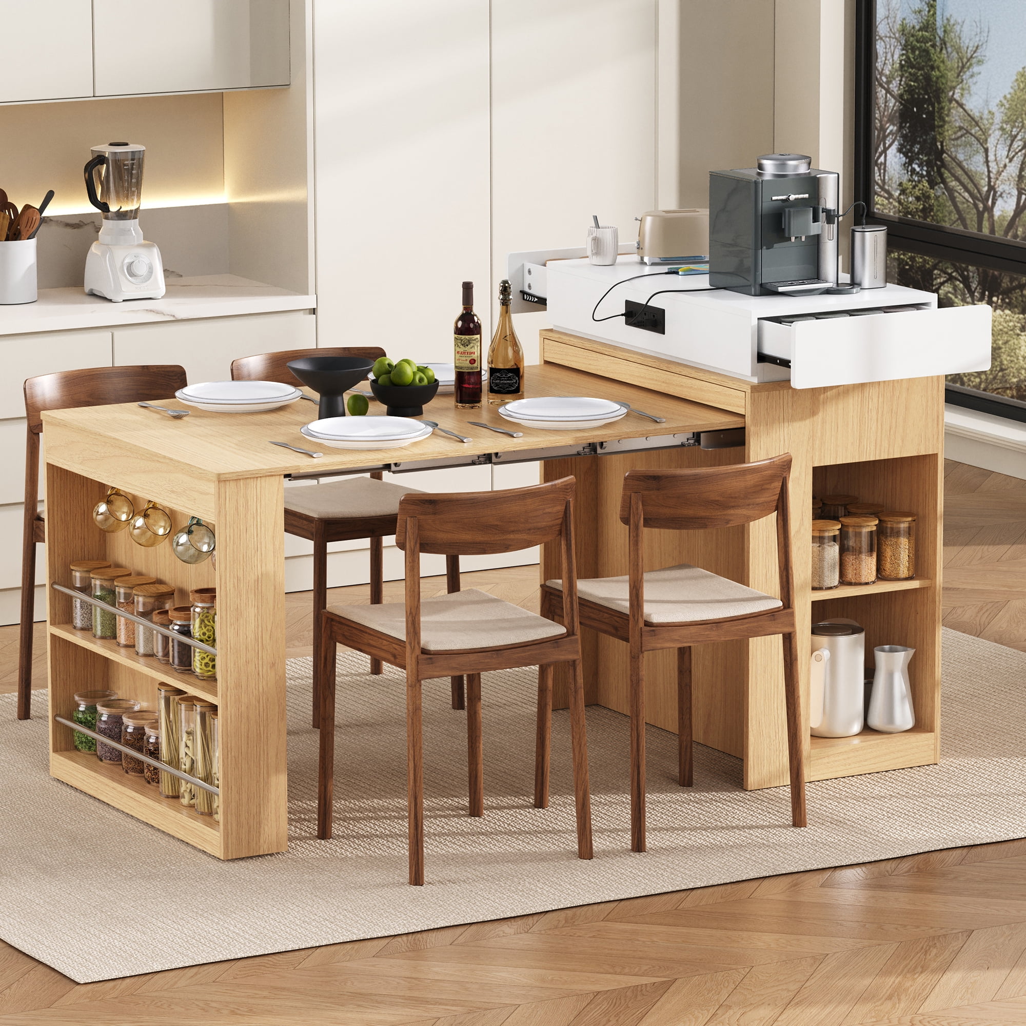 MODERNLUXE Extendable Dining Table with Folding Tabletop, Kitchen Island with Wheels,Hooks,Drawers and Power Outlet, Bar Table with Storage for Kitchen, Dining Room,Natural
