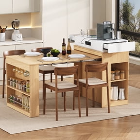 MODERNLUXE Extendable Dining Table with Folding Tabletop, Kitchen Island with Wheels,Hooks,Drawers and Power Outlet, Bar Table with Storage for Kitchen, Dining Room,Natural