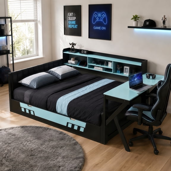 MODERNLUXE Full Corner Bed Frame with Desk and Storage Bookcase, Gaming Bed with LED Lights & Charging Station,Space-Saving Daybed for Teens Adults,Black Blue