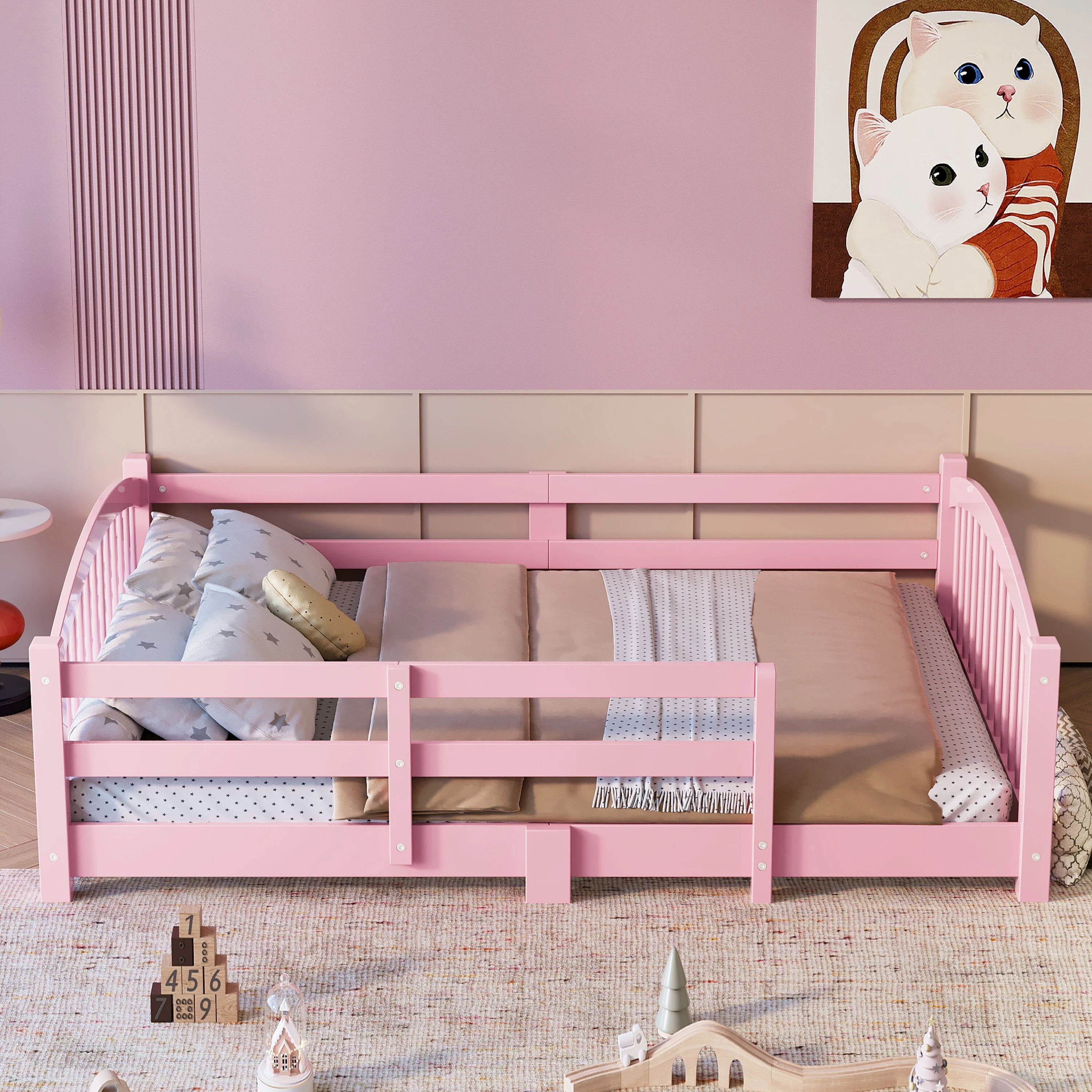 MODERNLUXE Full Floor Bed with Slats and Safety Guardrails, Montessori Floor Bed with Fence and 1 Opening,Solid Wood Full Size Bed Frame for Girls and Boys, Pink