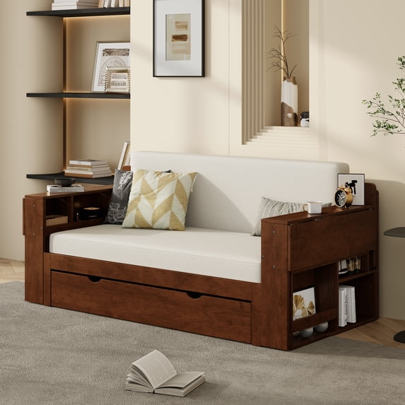 MODERNLUXE Full Size Daybed with Removable Desk,Wooden 4-in-1 Multifunctional Sofa Bed with Storage Drawer & Hydraulic Side Table for Bedroom, Apartments,Guest Room,Espresso