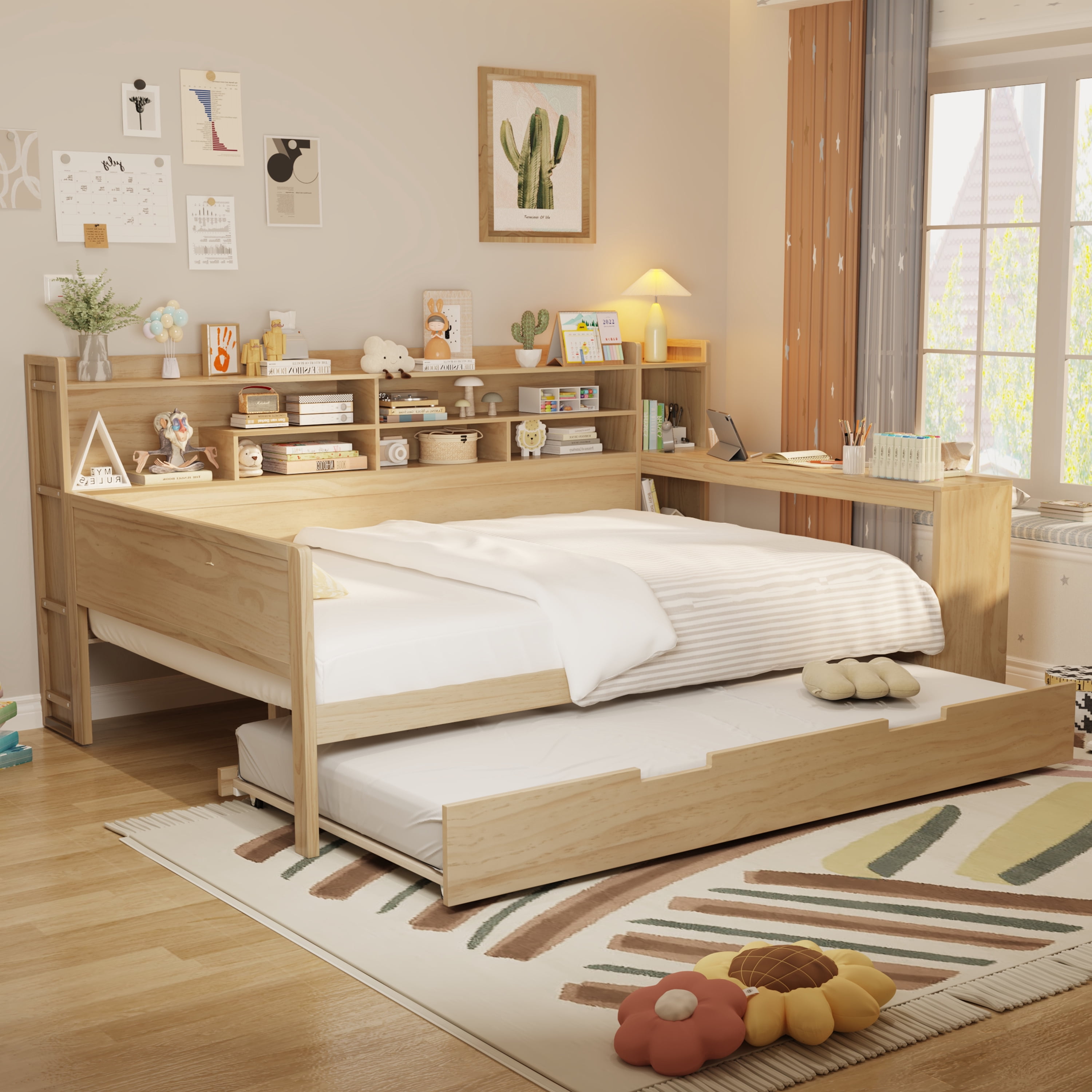 MODERNLUXE Full Size Daybed with Trundle,Wood L-Shaped Daybed with 9