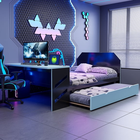 MODERNLUXE Full Size Daybed with Twin Trundle,Wooden Bed Frame with Desk and USB Ports for Boys Girls,Cloud Blue