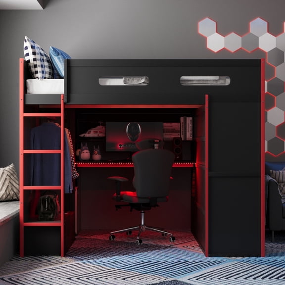 MODERNLUXE Full Size Gaming Loft Bed with Built-in Desk & Wardrobe,Solid Wood Loft Bed Frame with Drawers,RGB Light,USB Port & Storage for Teens Adults,Red