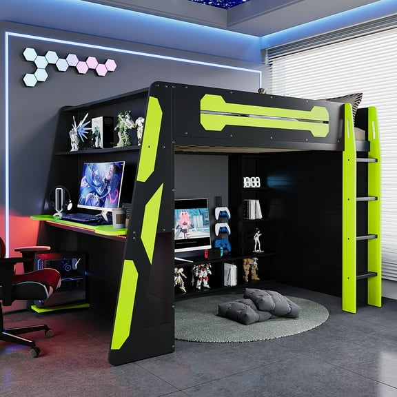 MODERNLUXE Full Size Gaming Loft Bed with Built-in Desk, Wood Loft Bed Frame with Multi-Storage Shelves & RGB LED Light for Space Saving,Green