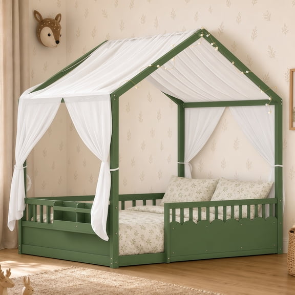 MODERNLUXE Full Size House Bed Frame, Montessori Floor Bed with Guardrails, LED Lights,Bookshelf and Roof, Wooden Canopy Bed for Boys Girls,No Box Spring Needed,Green
