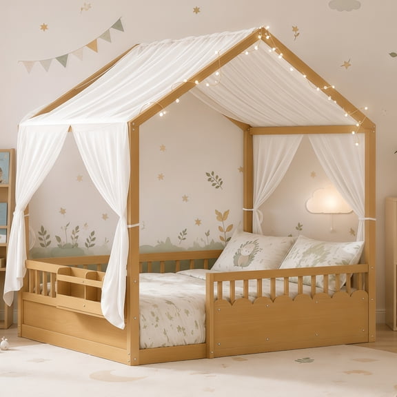 MODERNLUXE Full Size House Bed Frame, Montessori Floor Bed with Guardrails, LED Lights,Bookshelf and Roof, Wooden Canopy Bed for Boys Girls,No Box Spring Needed,Natural