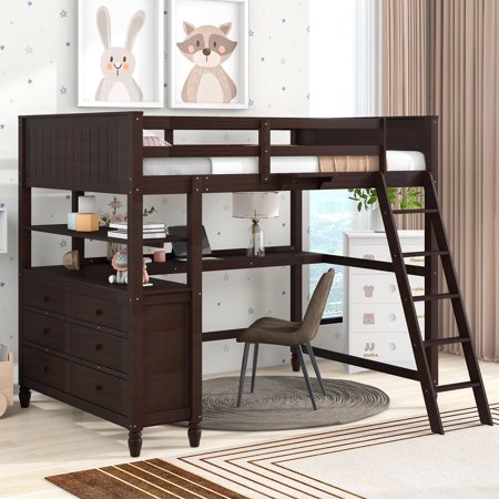 MODERNLUXE Full Size Loft Bed with L-Shaped Desk,Solid Wood Full Bed Frame with 6 Drawers,2 Storage Shelves,Safety Guard and Ladder,Space-Saving Bed Frame for Small Bedroom,No Noise,Espresso