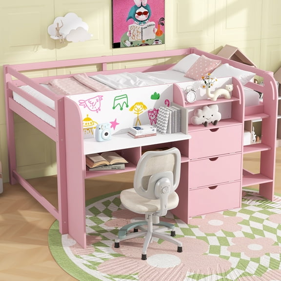 MODERNLUXE Full Size Loft Bed with Desk,Cabinets and Whiteboard, Pink