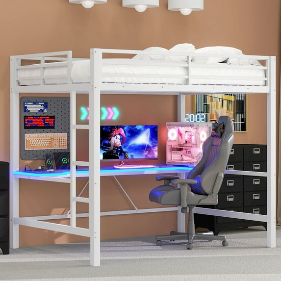 MODERNLUXE Full Size Loft Bed with Desk and Shelves, Metal Gaming Bed with LED Light and USB Charging, White