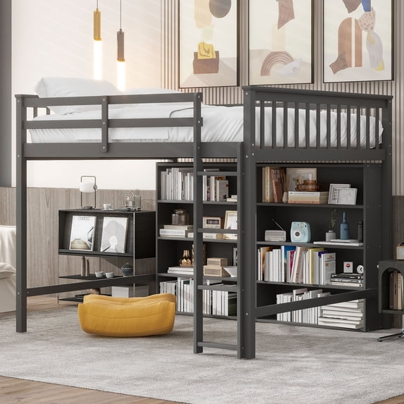 MODERNLUXE Full Size Loft Bed with Storage Shelves, Bed with Bookcase, Gray