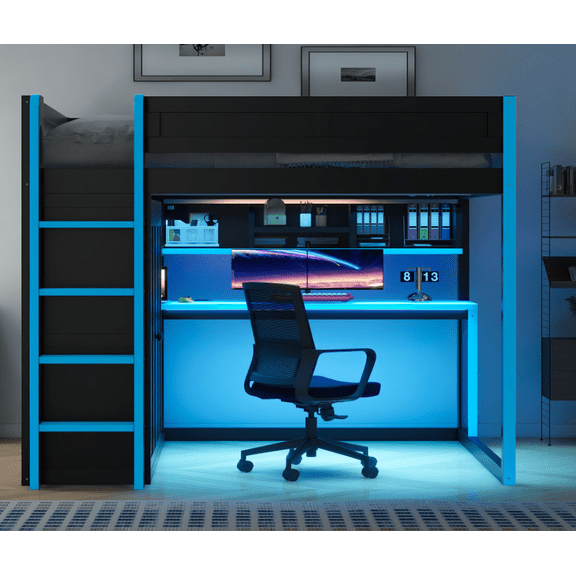 MODERNLUXE Full Size Loft Bed with Wardrobe and Desk, High Gaming Bed with LED Light and USB Ports, Black & Blue