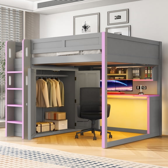 MODERNLUXE Full Size Loft Bed with Wardrobe and Desk, High Gaming Bed with LED Light and USB Ports, Grey & Purple