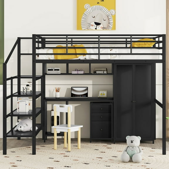 MODERNLUXE Full Size Metal Loft Bed with Desk and Drawers, Storage Staircase and Wardrobe, Black