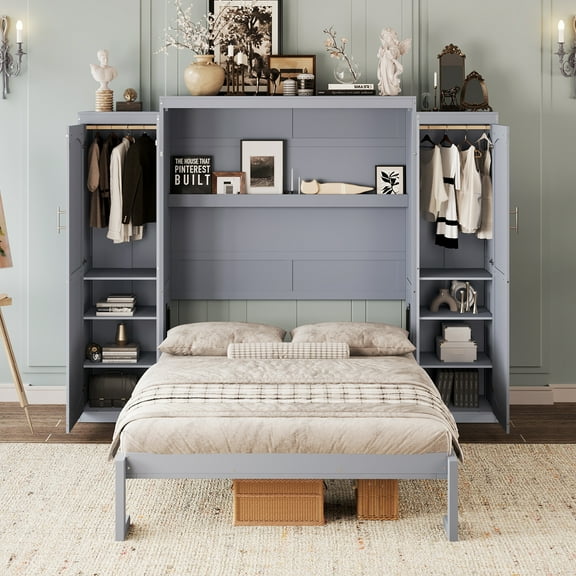 MODERNLUXE Full Size Murphy Bed,103.89" Large Murphy Bed Wall Bed with 2 Wardrobes and Storage Shelf,Space-Saving for Multipurpose Guest Room or Home Office, Gray