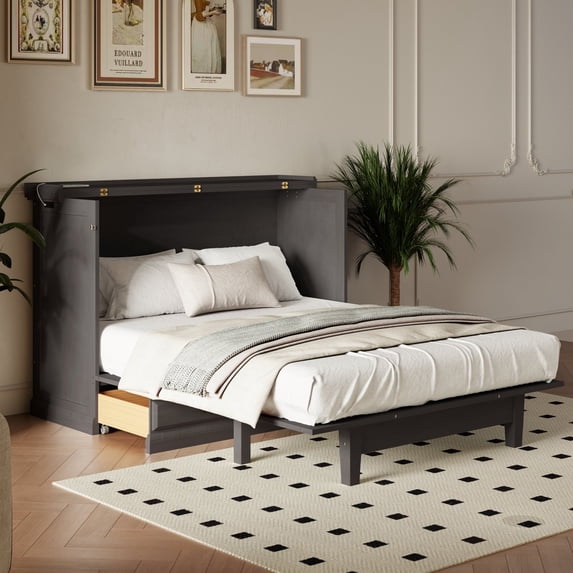 MODERNLUXE Full Size Murphy Bed,Solid Pine Wall Bed with Charging Station and Large Storage Drawer, Foldable Cabinet Bed Frame for Home Office or Small Room,Gray
