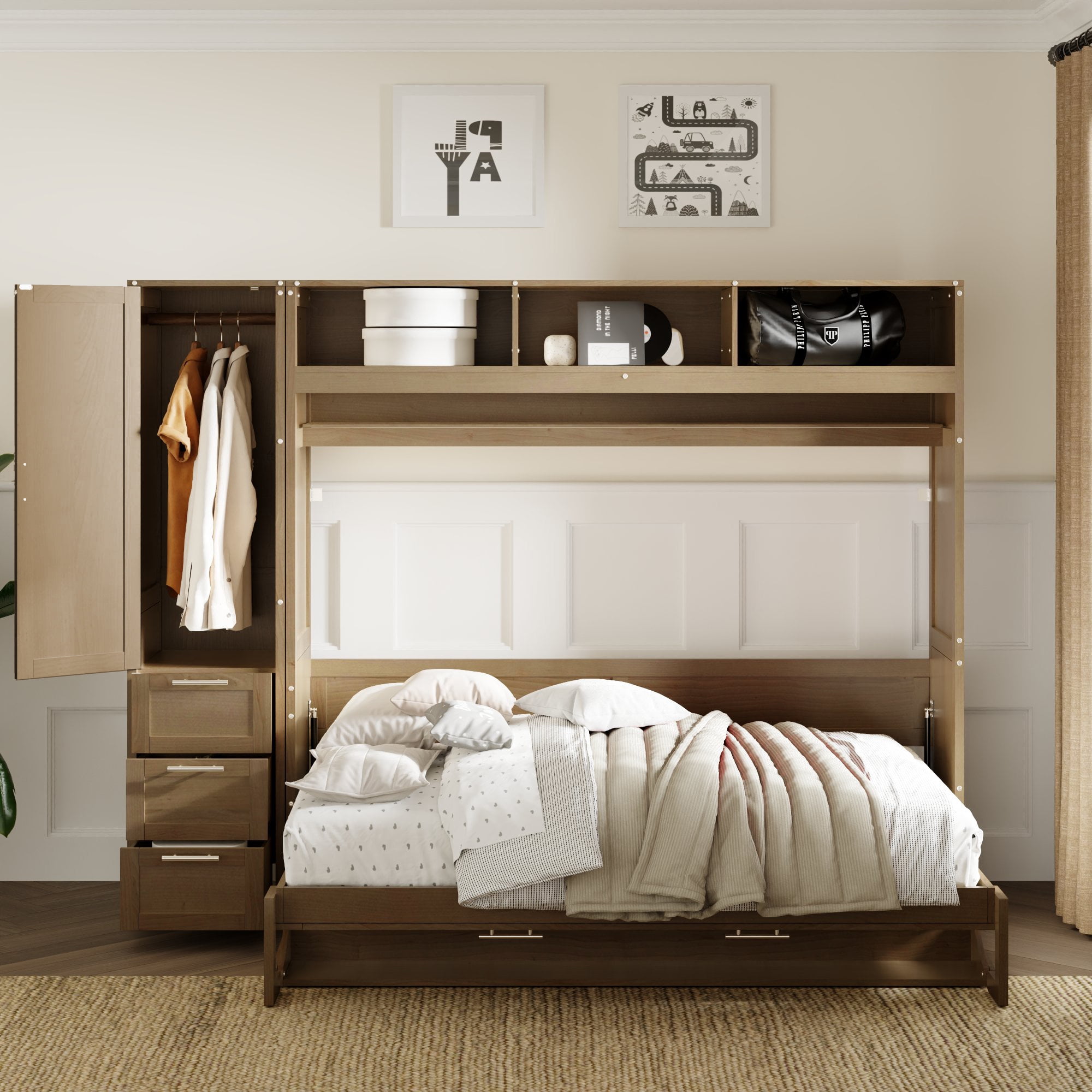 MODERNLUXE Full Size Murphy Bed with Shelves and Drawers, Convertible ...