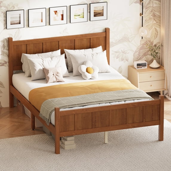 MODERNLUXE Full Size Platform Bed with Headboard & Footboard,Solid Wood Bed Frame with Under Bed Storage for Teens Adults Guests, Easy Assembly,Walnut