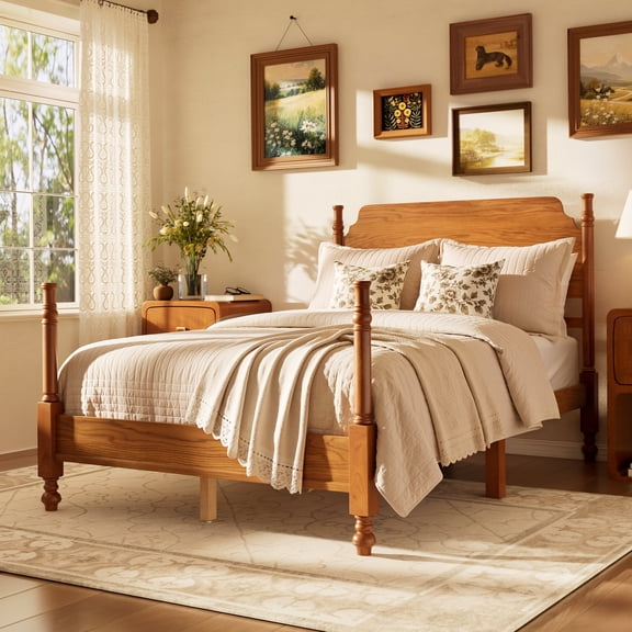 MODERNLUXE Full Size Wood Bed Frame with Spindle Headboard,Retro Platform Bed with Wood Slats Support for Teens Adults,No Box Spring Needed,Easy Assembly,Light Walnut