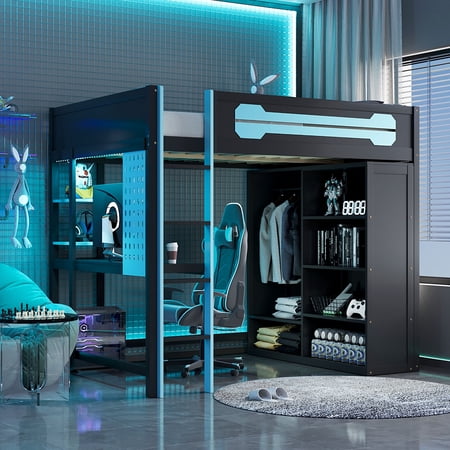 MODERNLUXE Full Size Wood Loft Bed with RGB Lights & Desk,Gaming Loft Bed with Open Wardrobe and Guardrails for Boys Girls,Blue