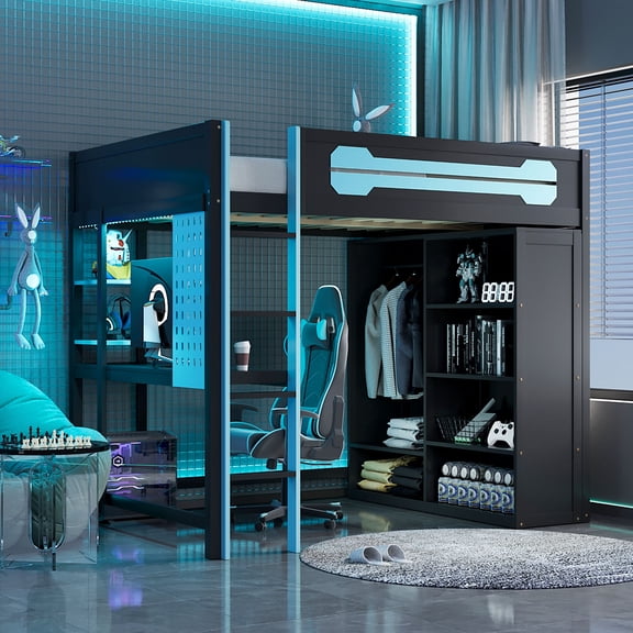 MODERNLUXE Full Size Wood Loft Bed with RGB Lights & Desk,Gaming Loft Bed with Open Wardrobe and Guardrails for Boys Girls,Blue