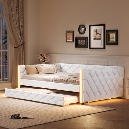 MODERNLUXE Full XL Daybed with Trundle and LED Light, White