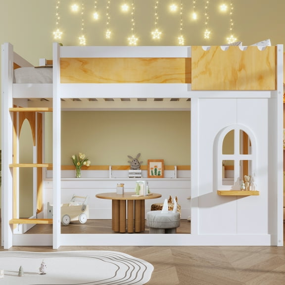 MODERNLUXE Full over Full Bunk Bed with Storage Shelves, Wood Bed with Window and Doors Design, White