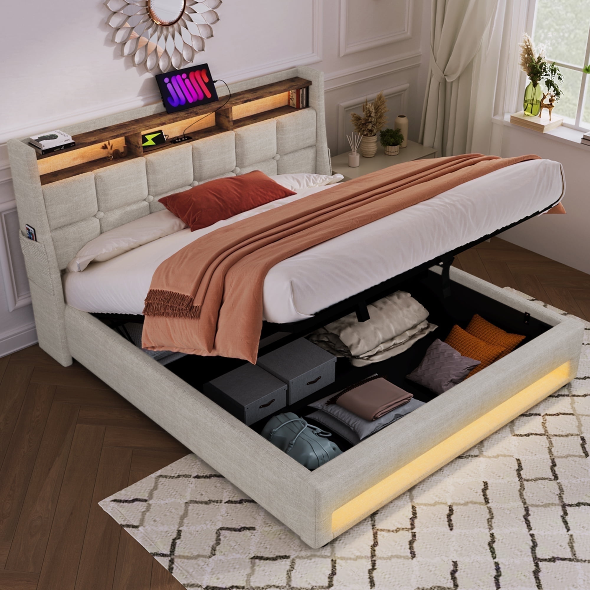 Full Size Platform Bed with Storage Headboard and LED Lights