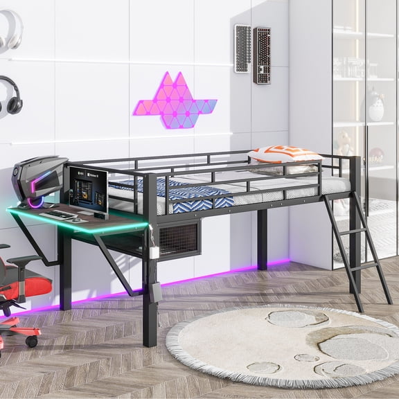 MODERNLUXE Gaming Loft Bed with LED Light, Metal Twin Bed with Desk, Black