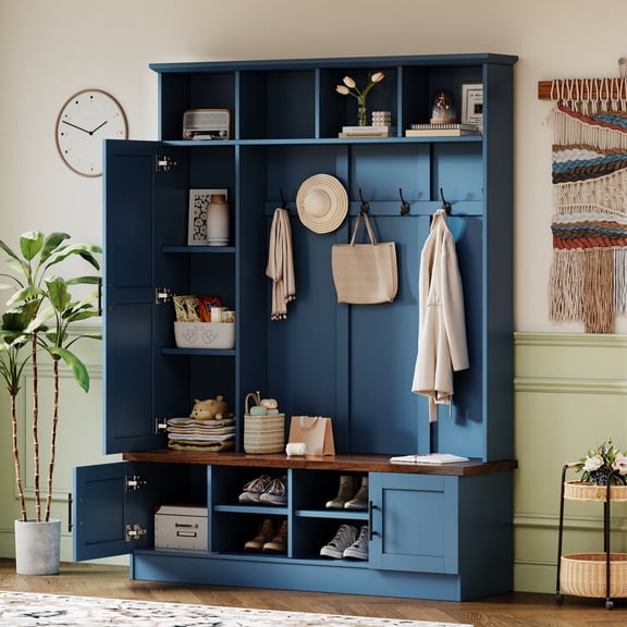 MODERNLUXE Hall Tree with Bench and Shoe Storage, 55" Entryway Bench with Coat Rack & Adjustable Shelves, 3-in-1 Hall Tree with Top Compartments and 6 Hooks for Hallway, Living Room,Blue