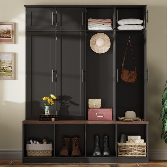 MODERNLUXE Hall Tree with Bench and Storage, Farmhouse Entryway Organizer with Coat Rack,4 Hidden Hooks and 8 Doors, Shoe Cabinet with Open Compartments for Living Room,Black