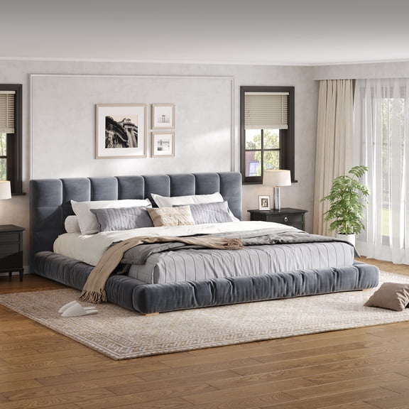 MODERNLUXE King Size Platform Bed, Low Profile Velvet Upholstered, Gray
