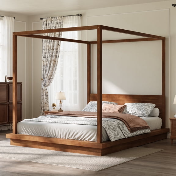 MODERNLUXE King Size Wood Canopy Bed with Headboard, Brown