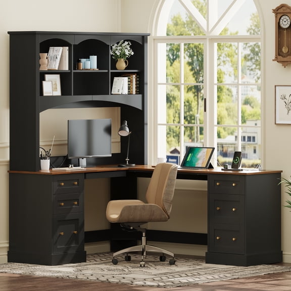 MODERNLUXE L-Shaped Desk with Drawers & Hutch,Home Office Desk with File Drawers,Charging Stations & Keyboard Tray,Corner Computer Desk for Bedroom,Small Space,Black