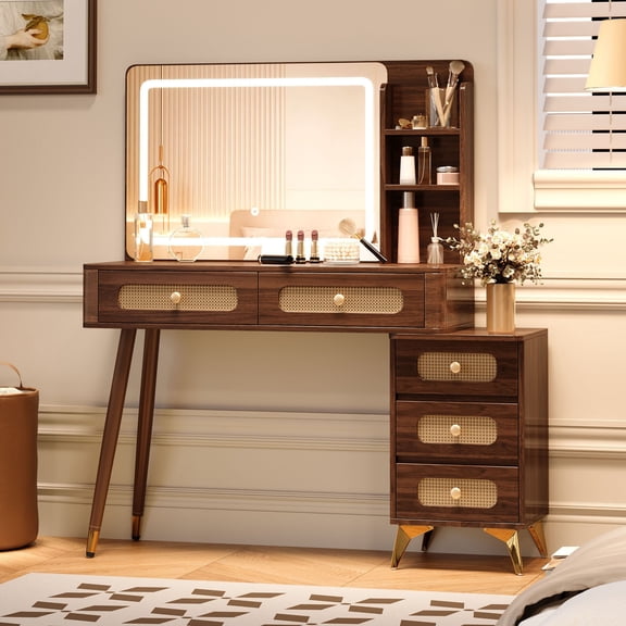 MODERNLUXE Makeup Vanity Desk with Mirror and Lights,Vanity Desk with 5 Drawers,Storage Shelves,3 Lighting Modes and Adjustable Brightness Dressing Table,Dark Walnut