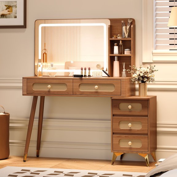 MODERNLUXE Makeup Vanity Desk with Mirror and Lights,Vanity Desk with 5 Drawers,Storage Shelves,3 Lighting Modes and Adjustable Brightness Dressing Table,Walnut