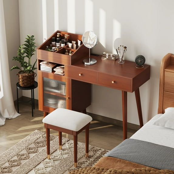 MODERNLUXE Makeup Vanity Desk with Stool, Vanity Table with Cabinet,2 Drawers,Charging Station and Open Storage Shelves,Dressing Table Set for Small Places,Walnut