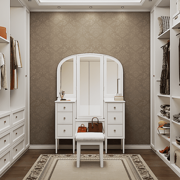 MODERNLUXE Makeup Vanity Desk with Full Length Mirror,Large Dressing Table Set with Stool and 6 Drawers for Bedroom Dressing Room,White