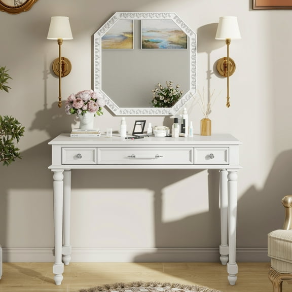 MODERNLUXE Makeup Vanity Desk with Large Mirror,Retro Dressing Table with 3 Drawers, Vanity Table for Bedroom Dressing Room,White