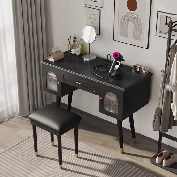 MODERNLUXE Makeup Vanity Table & Chair Set,Modern Dressing Table with Drawer, 2 Cabinets and Charging Station for Bedroom,Black