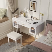MODERNLUXE Makeup Vanity Table & Chair Set,Modern Dressing Table with Drawer, 2 Cabinets and Charging Station for Bedroom,White