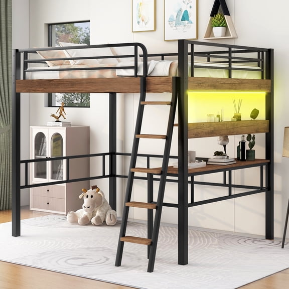 MODERNLUXE Metal Full Size Loft Bed with Desk and Shelves, Black