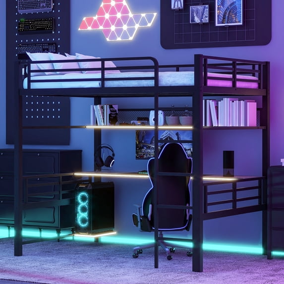 MODERNLUXE Metal Full Size Loft Bed with Desk and Shelves, Gaming Bed with LED Light and Grid Design, Black