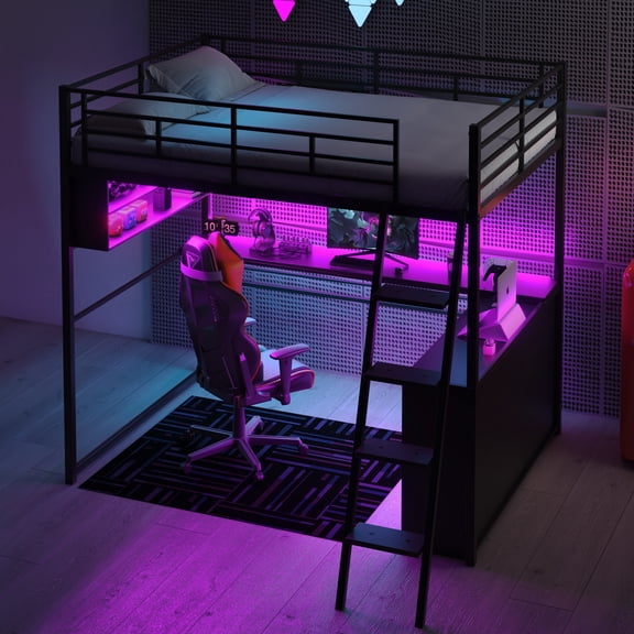 MODERNLUXE Metal Full Size Loft Bed with Desk and Cabinet, Gaming Bed with LED Lights, Black