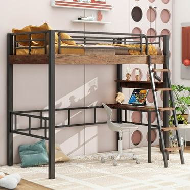 MODERNLUXE Metal Twin Size Loft Bed with Desk and Shelves, Black