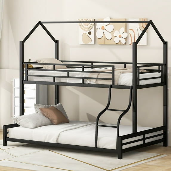 MODERNLUXE Metal Twin over Full Bunk Bed, Low Profile House Bed, Black