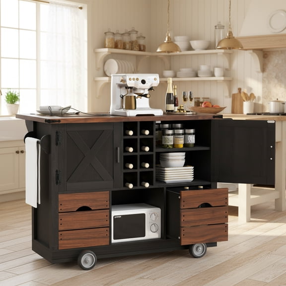 MODERNLUXE Mobile Kitchen Island with Drop Leaf,Rolling Kitchen Cart on Wheels with Storage Cabinets,Power Outlet,2 Drawers & Spice Rack,Portable Island Table for Kitchen Dining Room, Black