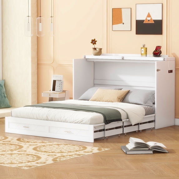 MODERNLUXE Multi-Functional 2-in-1 Murphy Cabinet Bed,Full Size Bed Frame Murphy Chest Bed with Built-in Power Strip & Drawer, Full Foldable Platform Bed, White