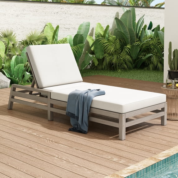 MODERNLUXE Outdoor Chaise Lounge, 5-Position Adjustable Lounge Chair with Thick Cushion & Adjustable Backrest,Wood Patio Recliner Chair for Pool, Backyard,Balcony & Garden,Gray